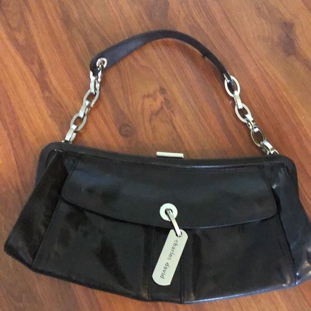 Charles David Black leather handbag purse shoulder bag with silver chain